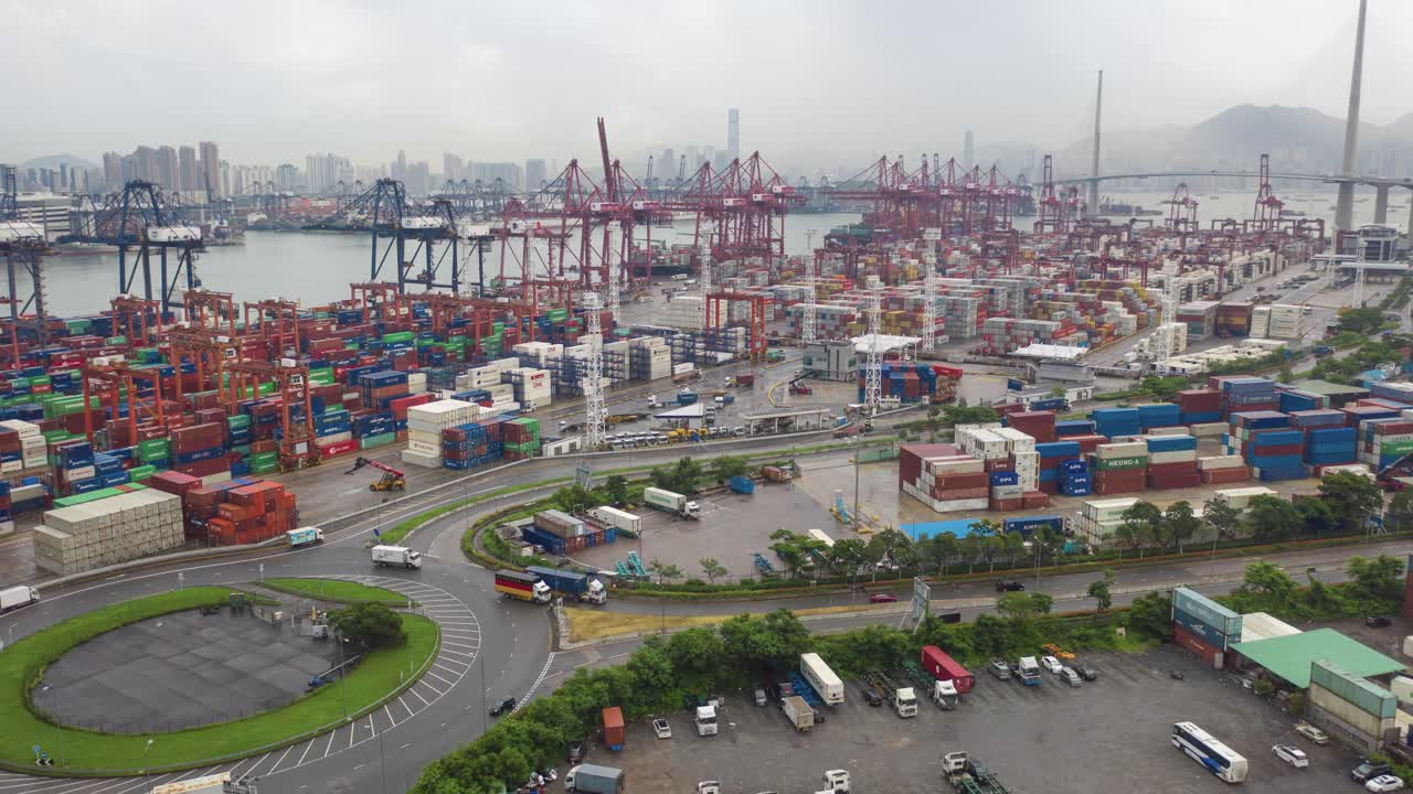 Trucks moving freight through a shipping terminal